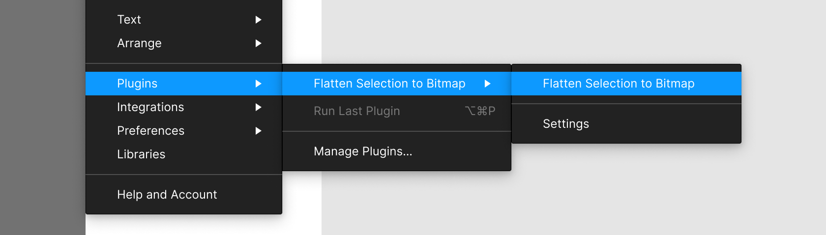 “Flatten Selection to Bitmap” plugin sub-menu