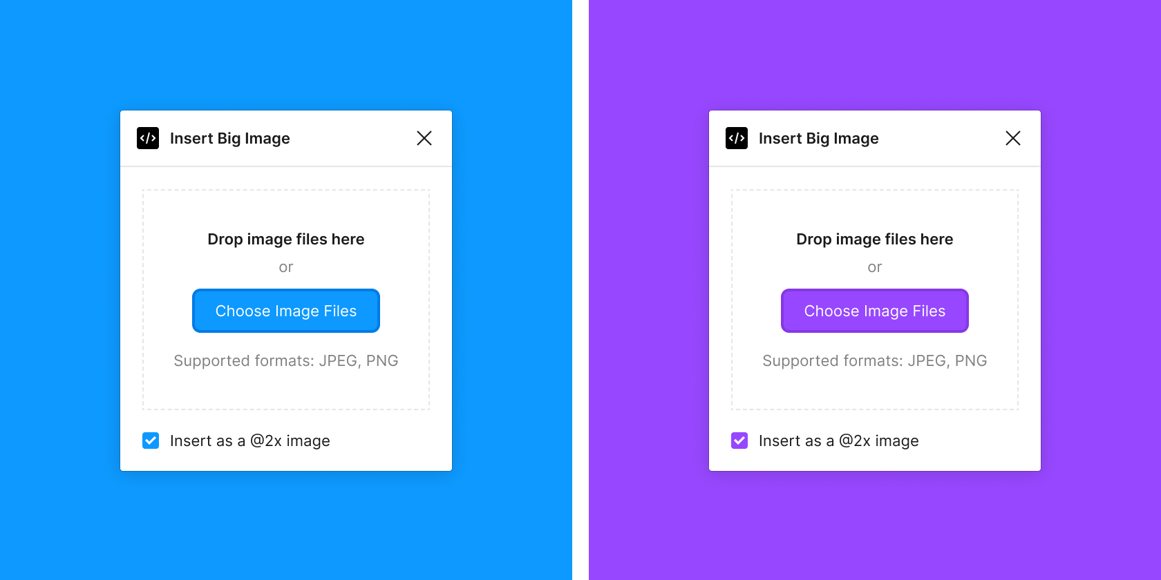 UI of the Insert Big Image plugin rendered using the Figma and FigJam themes